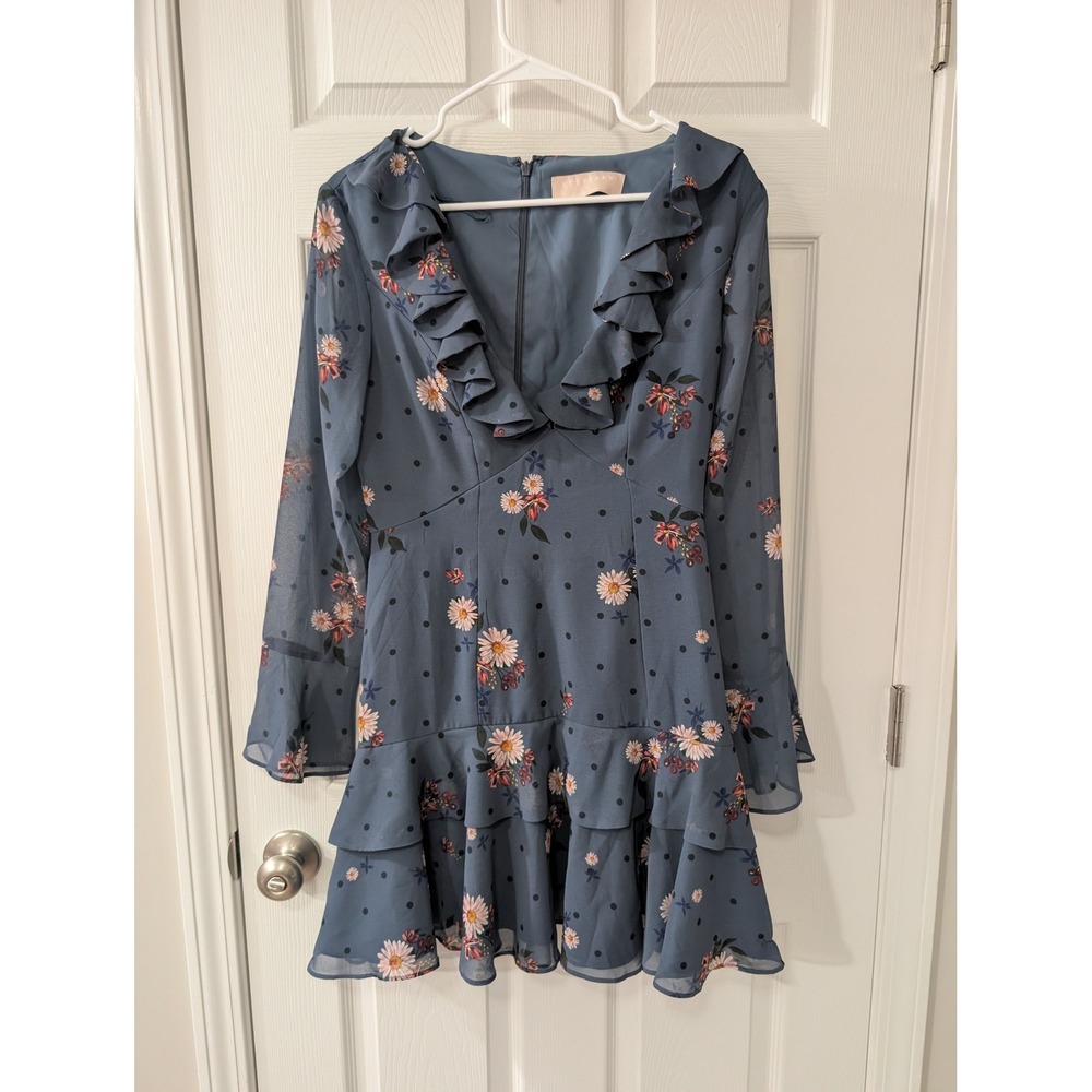 Keepsake, Medium, Run Free, Floral Long Sleeve Mini Dress, Slate Blue, Ruffle - Picture 2 of 5